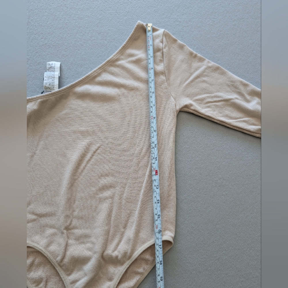 One Shoulder Ribbed Knit Long Sleeve Bodysuit Size S Beige Cream Neutral Glam image 7